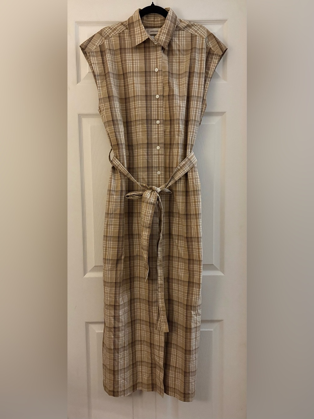 Everlane Beige Plaid Button-Front Midi Dress with Tie Waist